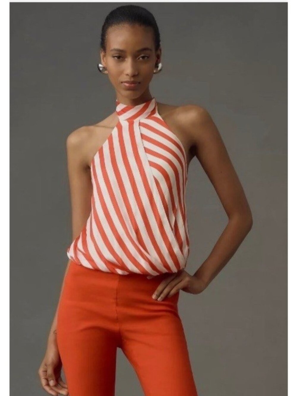 Maeve Halter Scarf Bubble Hem Top Red White Striped Tie Back L.      Ee